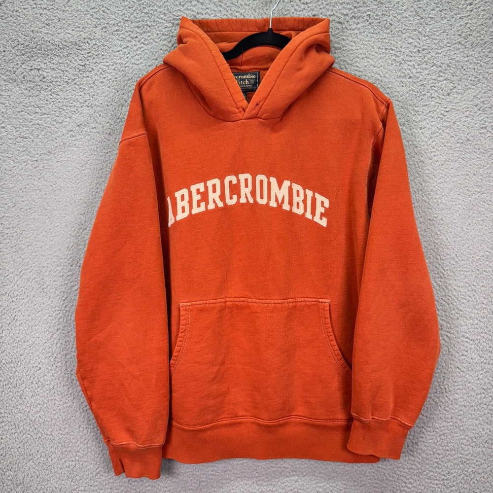Abercrombie Hoodie Mens L Orange Arch Logo Pullover Sweatshirt Preppy Y2K Lounge
